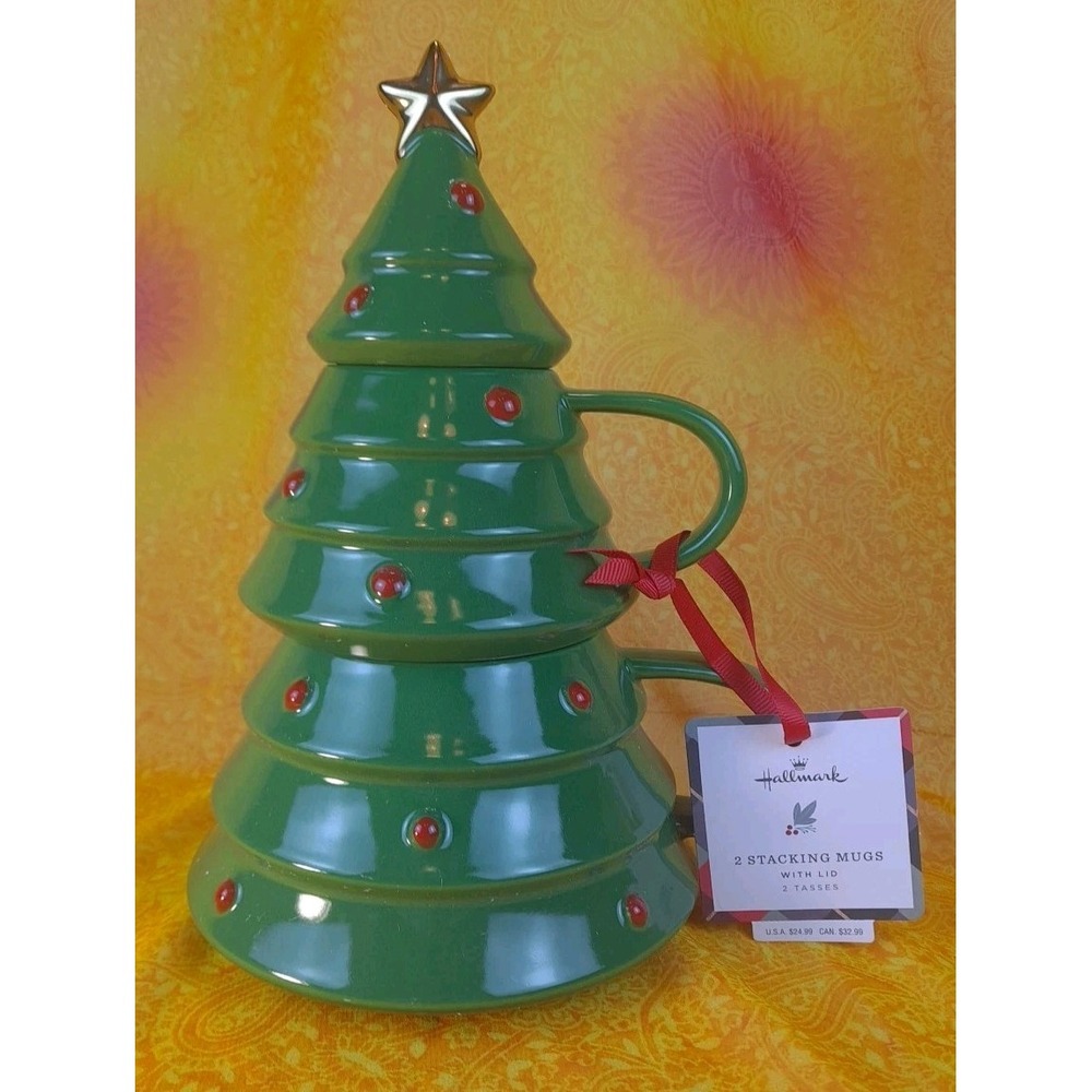 New Hallmark Christmas‎ Tree 2 Stacking Mugs Gold Star Lid Ceramic XKT5054
